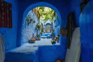 Traditional moroccan architectural details.  Blue street walls of the popular city of Morocco, Chefchaouen. Chefchaouen is a religious blue town among the mountains.