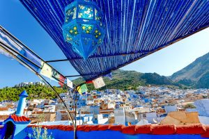 A view of the blue city of Chefchaouen from the balcony in the Rif mountains, Morocco